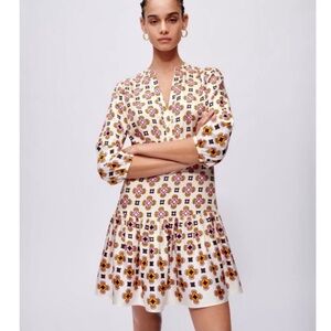 MAJE 100% Silk Romea Geometric Printed Mini Dress Boh Feminine, Ruffle hem Sz 36